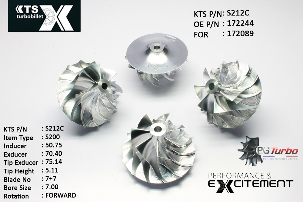 Turbo ROUE FORGÉE MFS PERFORMANCE - 7+7 PALES - INDUCER : 50,75 - EXDUCER : 70,4 - TYPE : S200ANGLE : 65° - ROTATION : Forward - SUPER BACK : 6,74 - BORE SIZE : 7
